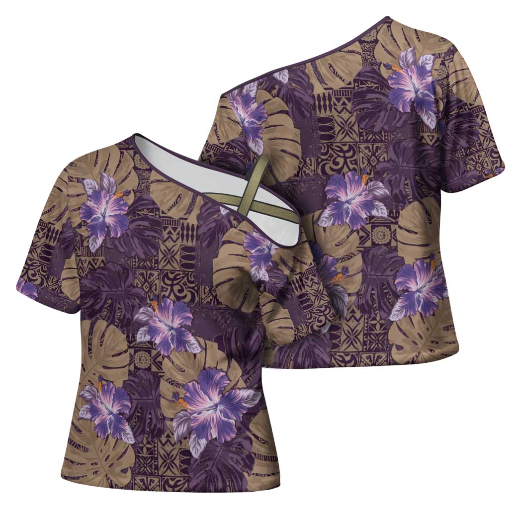 Hawaii Cross Shoulder Shirt Purple Polynesian Monstera Patterns DT05 - Polynesian Pride