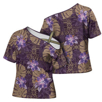 Hawaii Cross Shoulder Shirt Purple Polynesian Monstera Patterns DT05 - Polynesian Pride