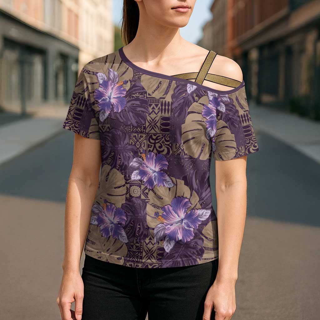 Hawaii Cross Shoulder Shirt Purple Polynesian Monstera Patterns DT05 - Polynesian Pride