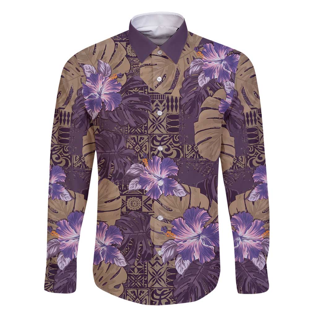 Hawaii Family Matching Long Sleeve Bodycon Dress and Hawaiian Shirt Purple Polynesian Monstera Patterns - Polynesian Pride