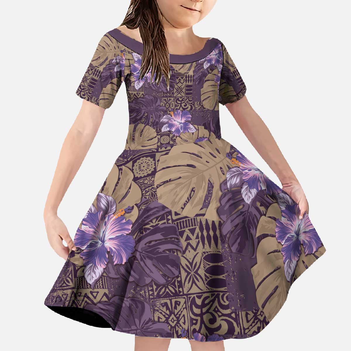Hawaii Family Matching Off The Shoulder Long Sleeve Dress and Hawaiian Shirt Purple Polynesian Monstera Patterns - Polynesian Pride