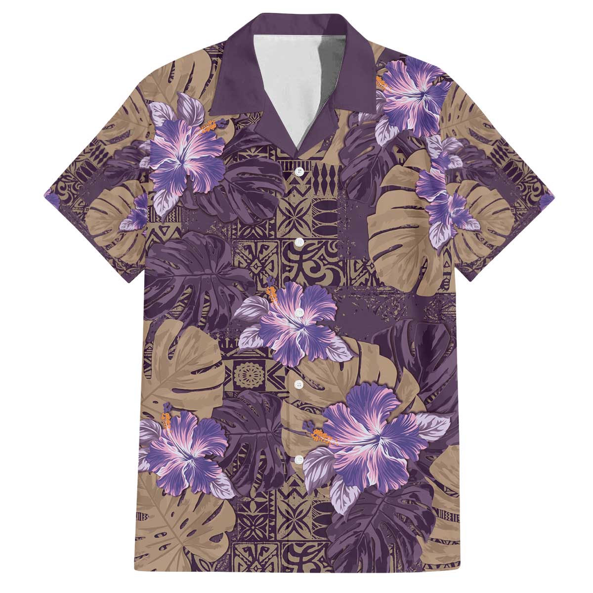 Hawaii Family Matching Off The Shoulder Long Sleeve Dress and Hawaiian Shirt Purple Polynesian Monstera Patterns - Polynesian Pride