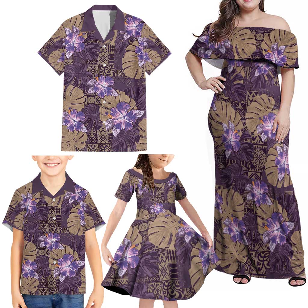 Hawaii Family Matching Off Shoulder Maxi Dress and Hawaiian Shirt Purple Polynesian Monstera Patterns - Polynesian Pride