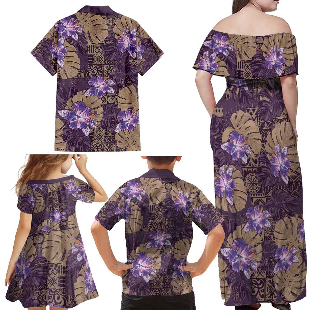 Hawaii Family Matching Off Shoulder Maxi Dress and Hawaiian Shirt Purple Polynesian Monstera Patterns - Polynesian Pride