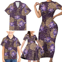 Hawaii Family Matching Short Sleeve Bodycon Dress and Hawaiian Shirt Purple Polynesian Monstera Patterns - Polynesian Pride