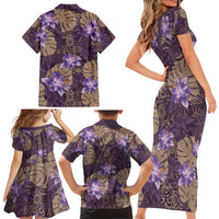 Hawaii Family Matching Short Sleeve Bodycon Dress and Hawaiian Shirt Purple Polynesian Monstera Patterns - Polynesian Pride