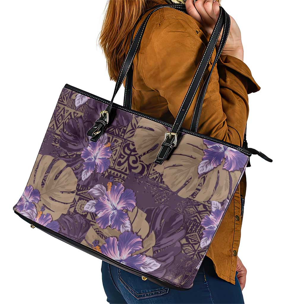 Hawaii Leather Tote Bag Purple Polynesian Monstera Patterns - Polynesian Pride