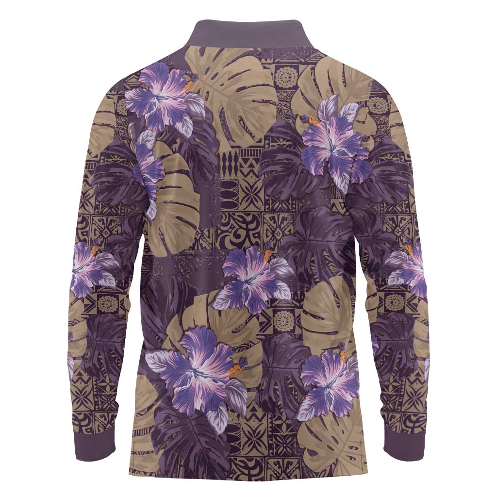 Hawaii Long Sleeve Polo Shirt Purple Polynesian Monstera Patterns DT05 - Polynesian Pride