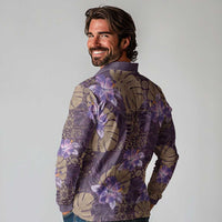 Hawaii Long Sleeve Polo Shirt Purple Polynesian Monstera Patterns DT05 - Polynesian Pride