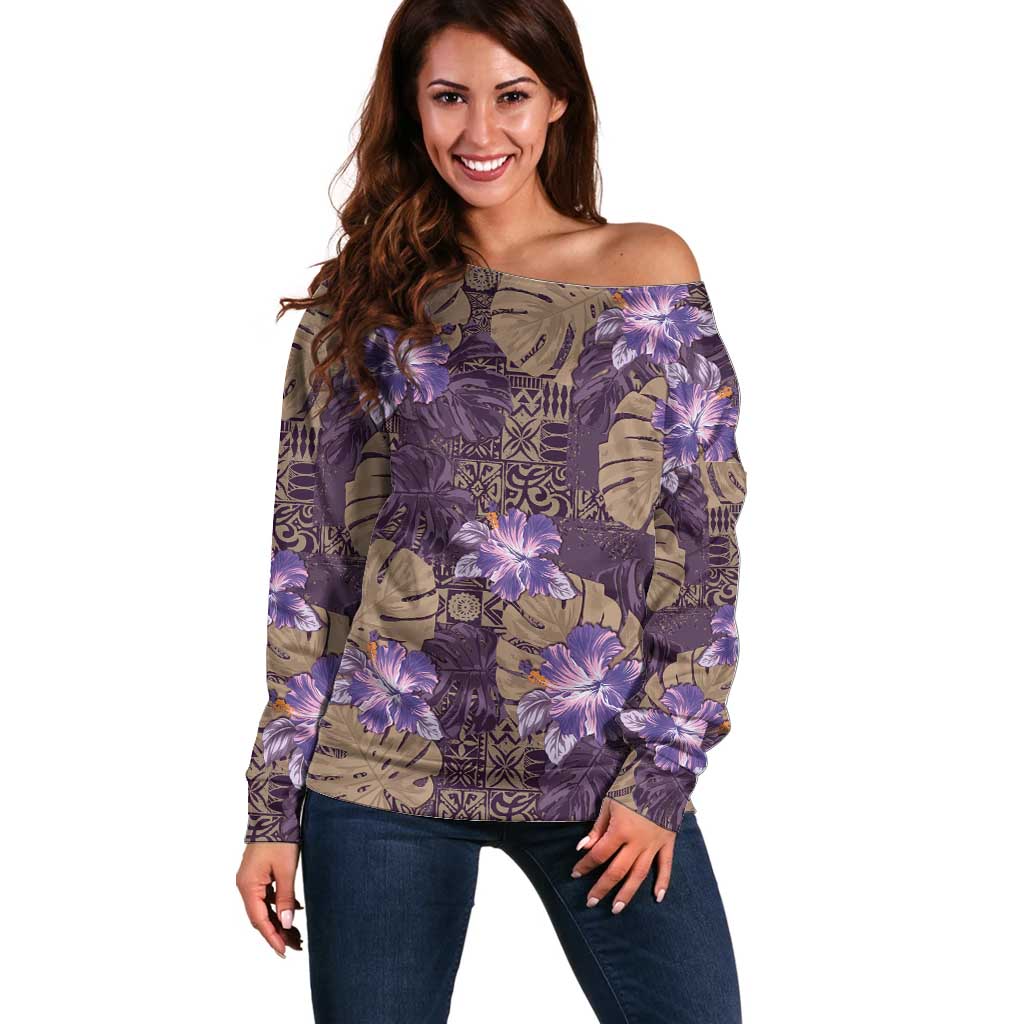 Hawaii Off Shoulder Sweater Purple Polynesian Monstera Patterns - Polynesian Pride