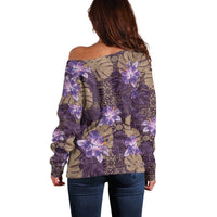 Hawaii Off Shoulder Sweater Purple Polynesian Monstera Patterns - Polynesian Pride