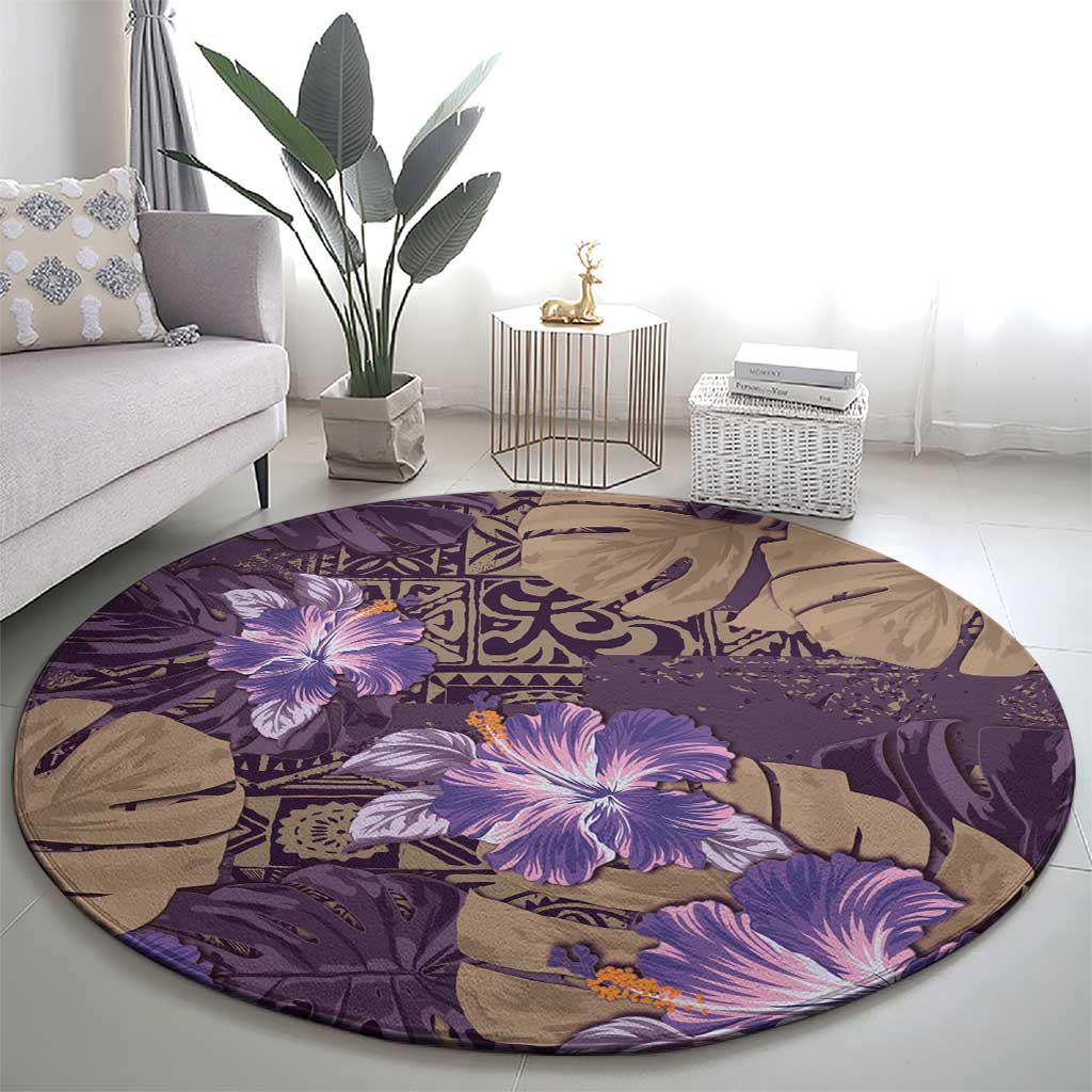 Hawaii Round Carpet Purple Polynesian Monstera Patterns - Polynesian Pride
