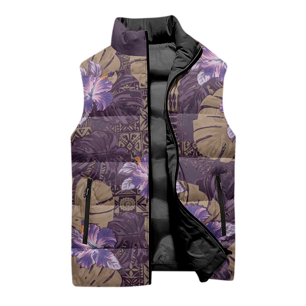 Hawaii Sleeveless Puffer Jacket Purple Polynesian Monstera Patterns DT05 - Polynesian Pride