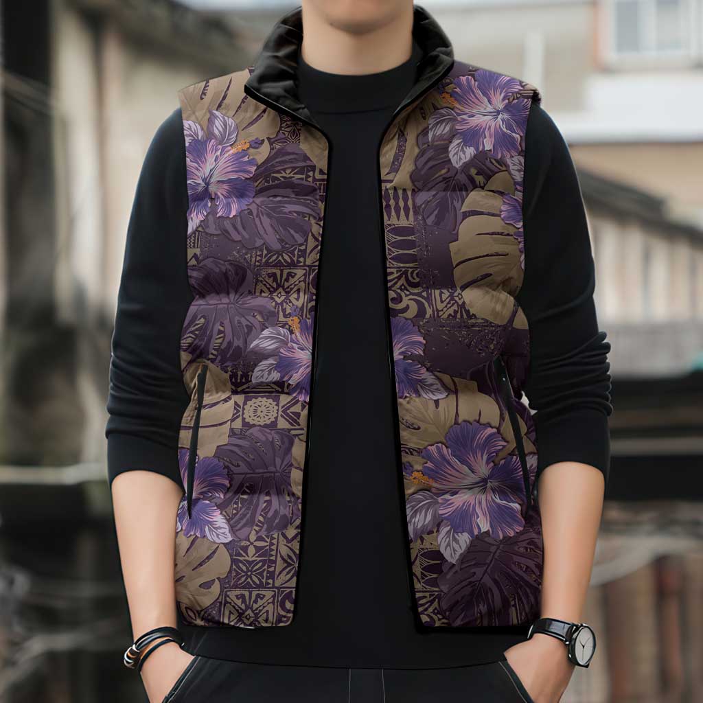 Hawaii Sleeveless Puffer Jacket Purple Polynesian Monstera Patterns DT05 - Polynesian Pride