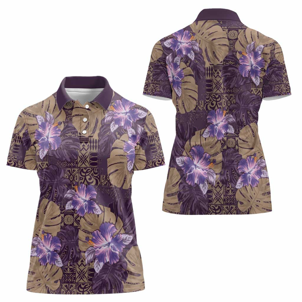 Hawaii Women Polo Shirt Purple Polynesian Monstera Patterns - Polynesian Pride
