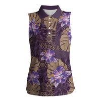 Hawaii Women Sleeveless Polo Shirt Purple Polynesian Monstera Patterns DT05 Female Purple - Polynesian Pride