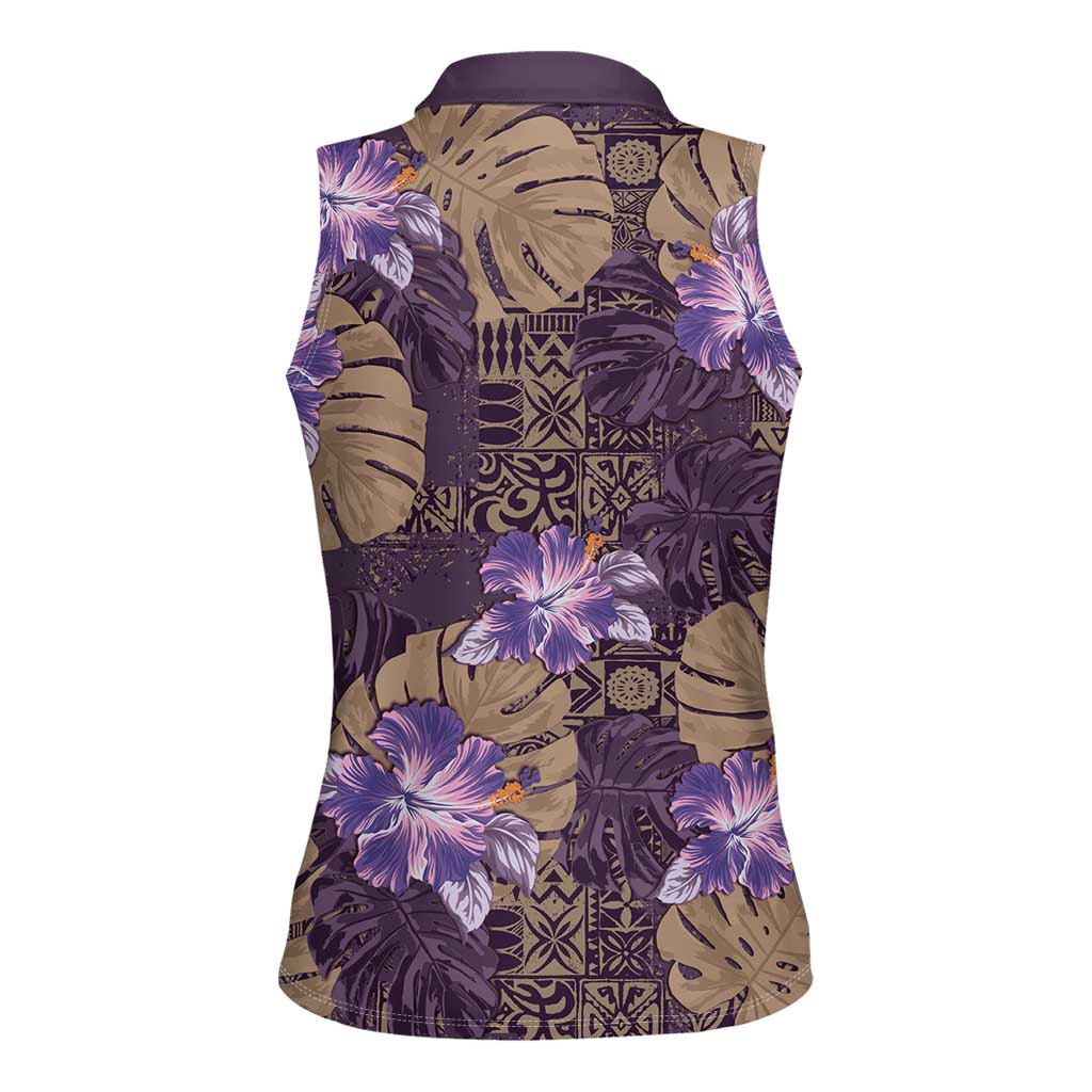 Hawaii Women Sleeveless Polo Shirt Purple Polynesian Monstera Patterns DT05 - Polynesian Pride