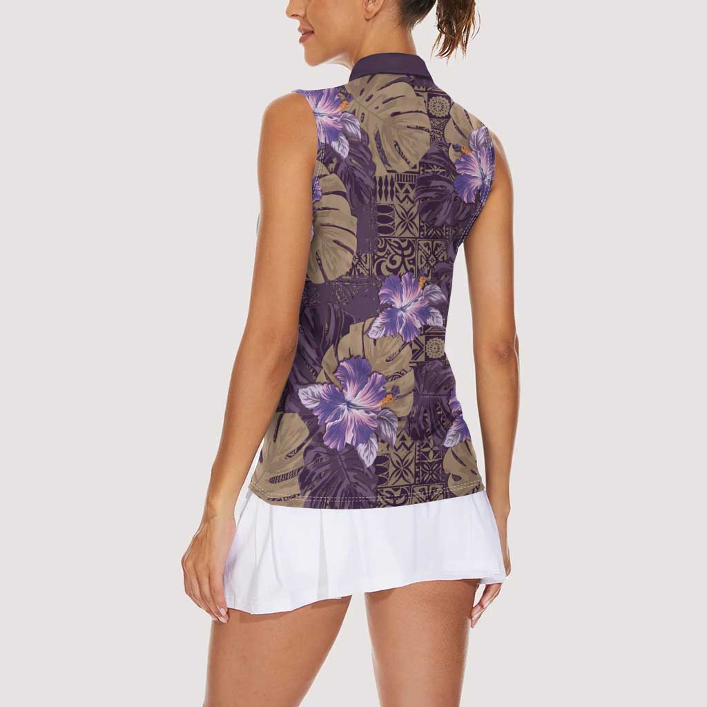 Hawaii Women Sleeveless Polo Shirt Purple Polynesian Monstera Patterns DT05 - Polynesian Pride