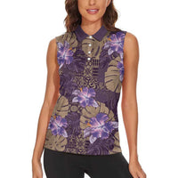 Hawaii Women Sleeveless Polo Shirt Purple Polynesian Monstera Patterns DT05 - Polynesian Pride