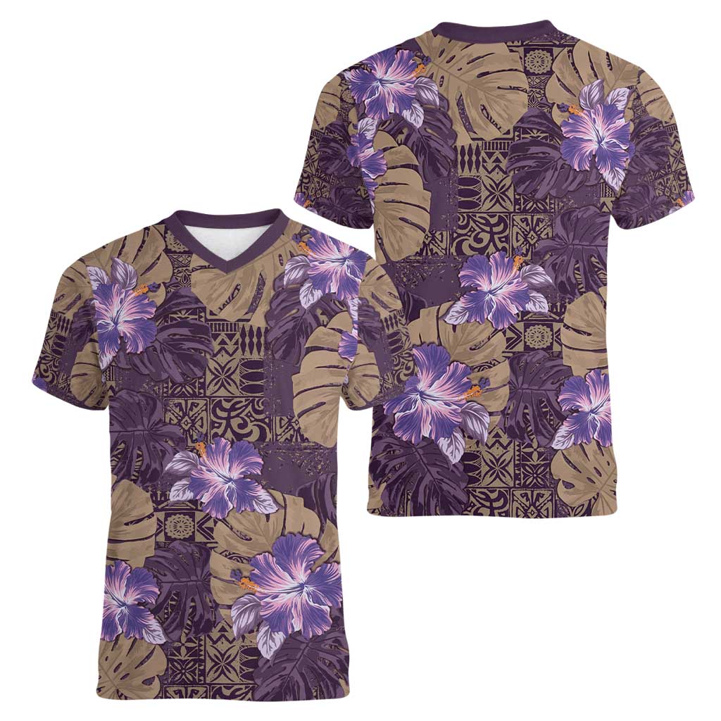 Hawaii Women V-Neck T-Shirt Purple Polynesian Monstera Patterns - Polynesian Pride