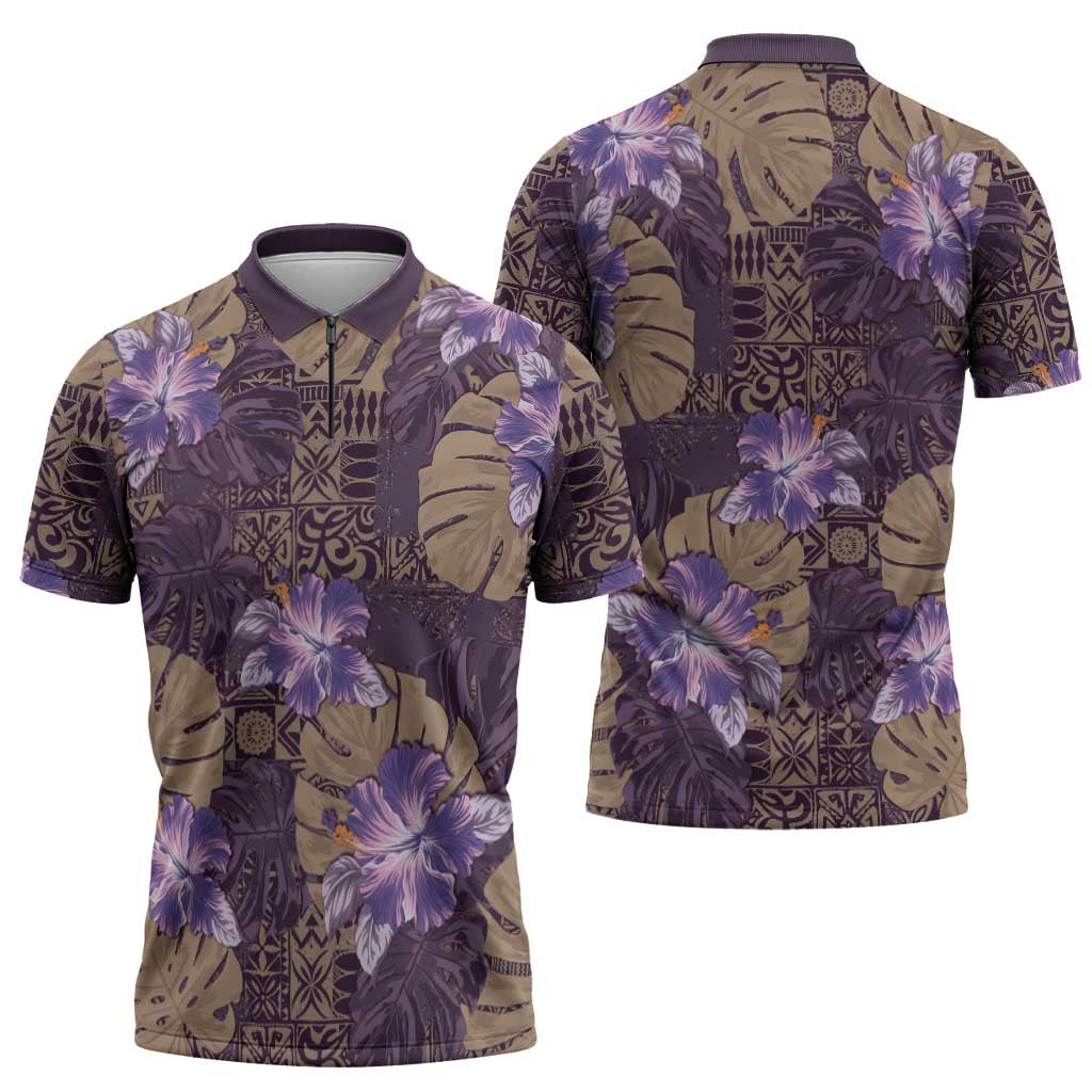 Hawaii Zipper Polo Shirt Purple Polynesian Monstera Patterns DT05 - Polynesian Pride