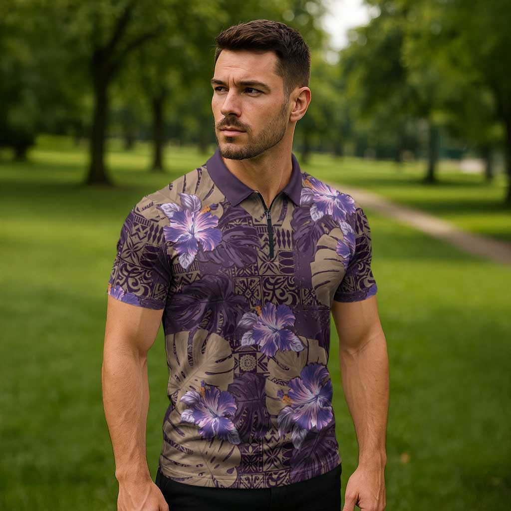 Hawaii Zipper Polo Shirt Purple Polynesian Monstera Patterns DT05 - Polynesian Pride