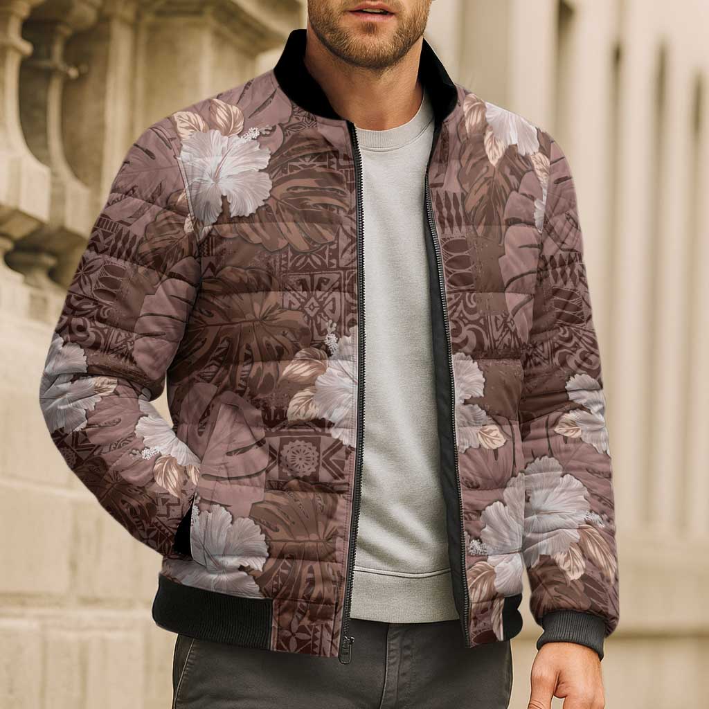 Hawaii Bomber Puffer Jacket Brown Polynesian Monstera Patterns DT05 - Polynesian Pride
