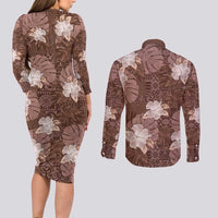 Hawaii Couples Matching Long Sleeve Bodycon Dress and Long Sleeve Button Shirt Brown Polynesian Monstera Patterns - Polynesian Pride