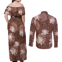 Hawaii Couples Matching Off Shoulder Maxi Dress and Long Sleeve Button Shirt Brown Polynesian Monstera Patterns - Polynesian Pride