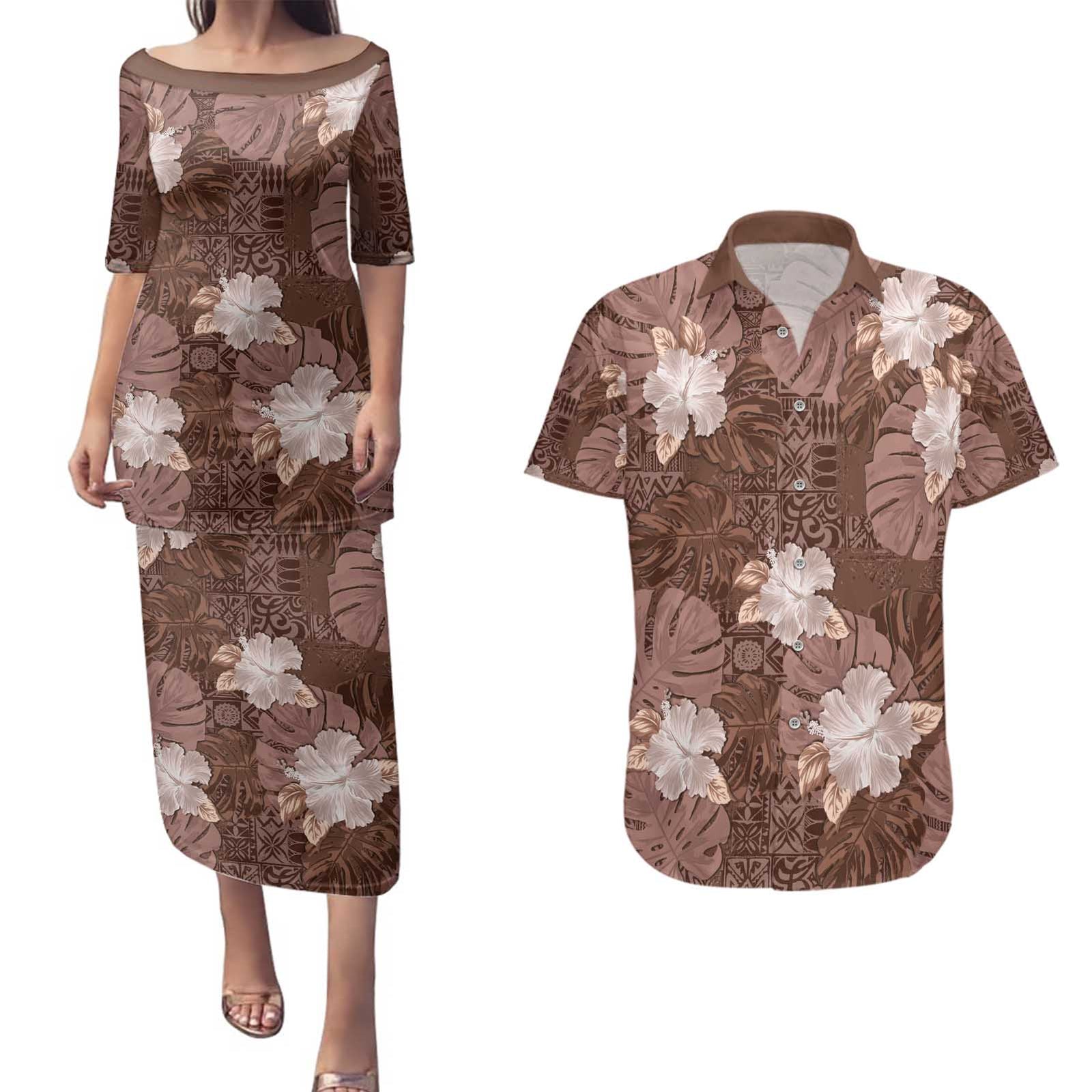Hawaii Couples Matching Puletasi and Hawaiian Shirt Brown Polynesian Monstera Patterns DT05 Brown - Polynesian Pride