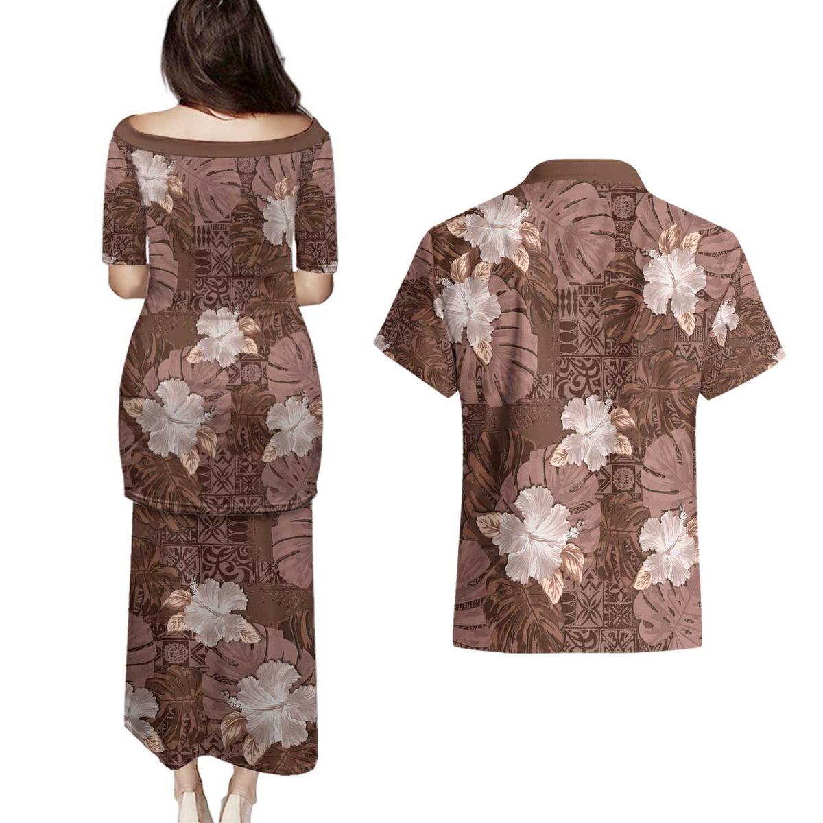 Hawaii Couples Matching Puletasi and Hawaiian Shirt Brown Polynesian Monstera Patterns DT05 - Polynesian Pride
