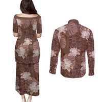 Hawaii Couples Matching Puletasi and Long Sleeve Button Shirt Brown Polynesian Monstera Patterns DT05 - Polynesian Pride