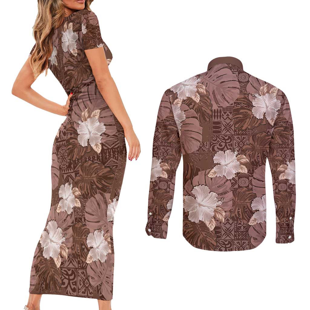 Hawaii Couples Matching Short Sleeve Bodycon Dress and Long Sleeve Button Shirt Brown Polynesian Monstera Patterns - Polynesian Pride