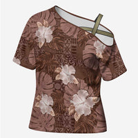 Hawaii Cross Shoulder Shirt Brown Polynesian Monstera Patterns DT05 Female Brown - Polynesian Pride