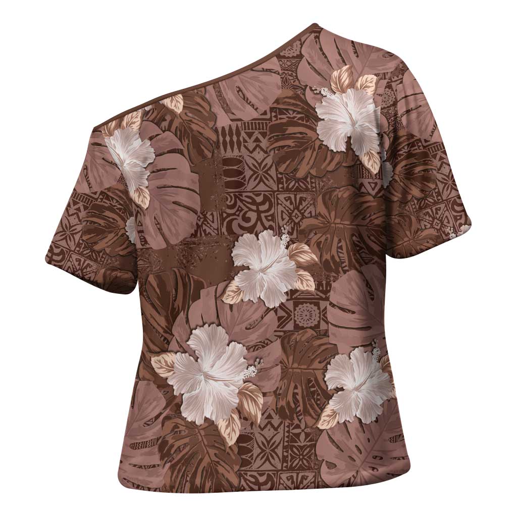 Hawaii Cross Shoulder Shirt Brown Polynesian Monstera Patterns DT05 - Polynesian Pride