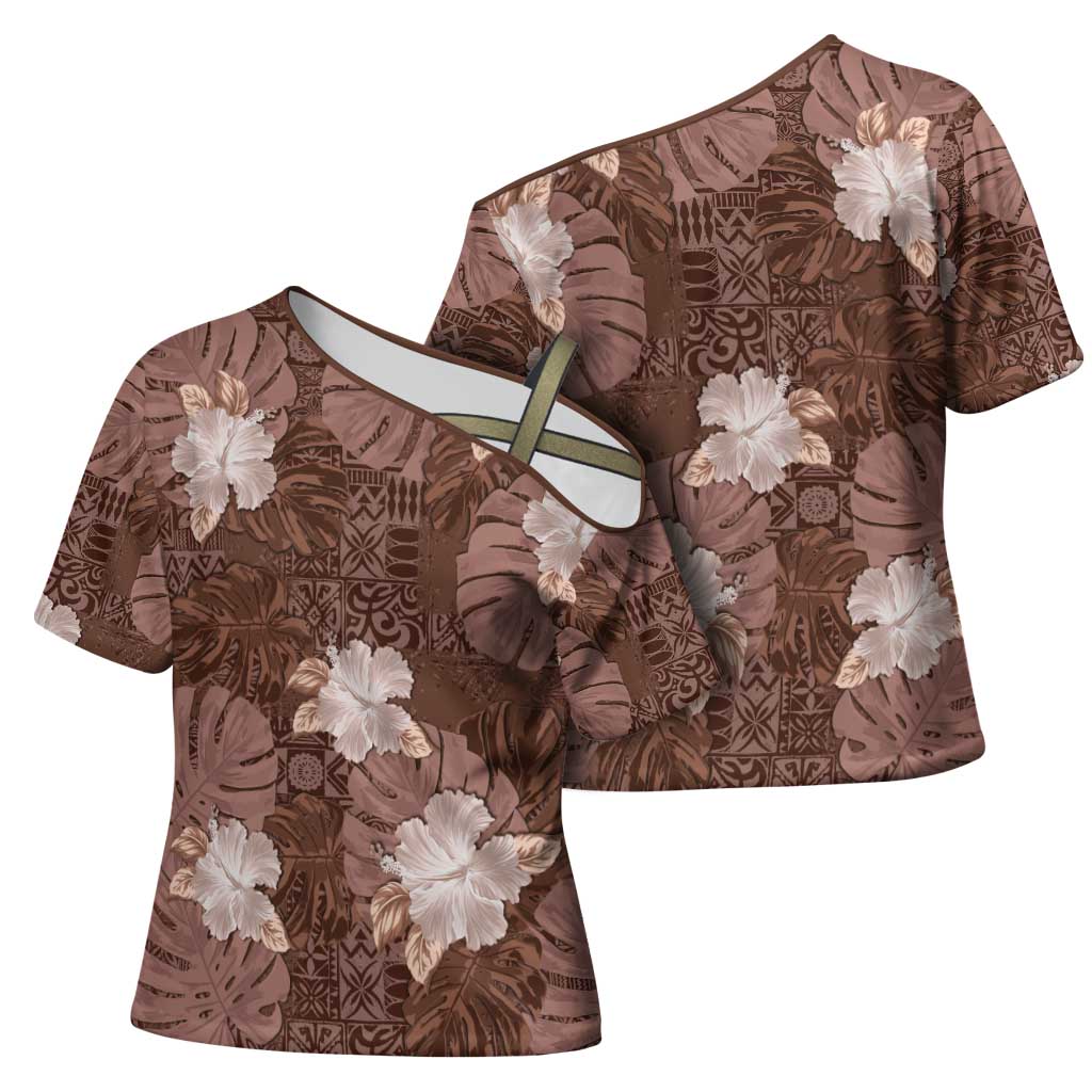 Hawaii Cross Shoulder Shirt Brown Polynesian Monstera Patterns DT05 - Polynesian Pride