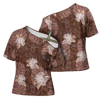 Hawaii Cross Shoulder Shirt Brown Polynesian Monstera Patterns DT05 - Polynesian Pride