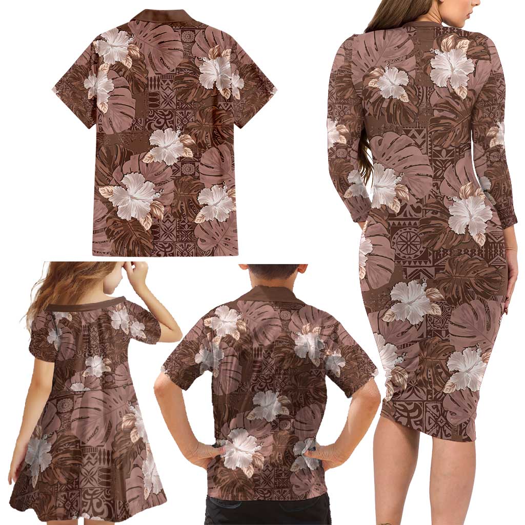 Hawaii Family Matching Long Sleeve Bodycon Dress and Hawaiian Shirt Brown Polynesian Monstera Patterns - Polynesian Pride