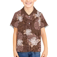 Hawaii Family Matching Off The Shoulder Long Sleeve Dress and Hawaiian Shirt Brown Polynesian Monstera Patterns - Polynesian Pride