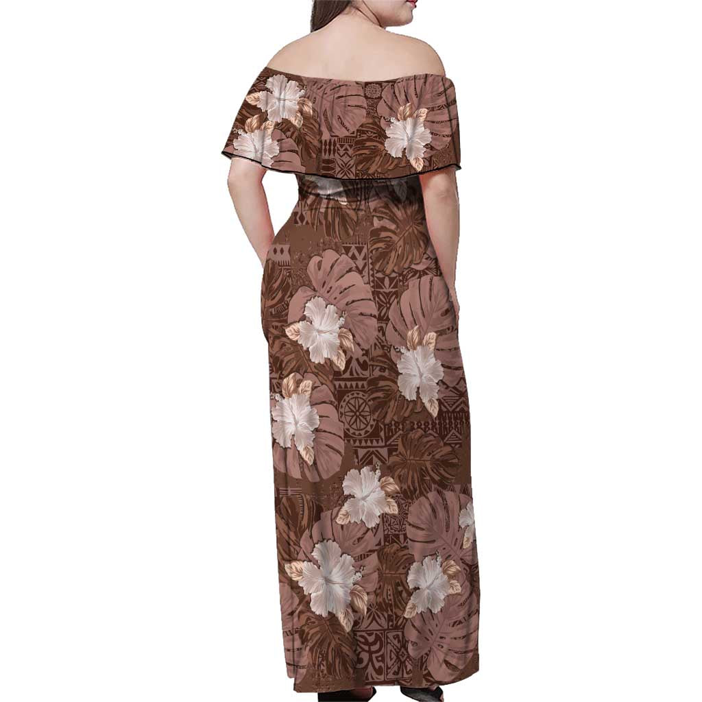 Hawaii Family Matching Off Shoulder Maxi Dress and Hawaiian Shirt Brown Polynesian Monstera Patterns - Polynesian Pride
