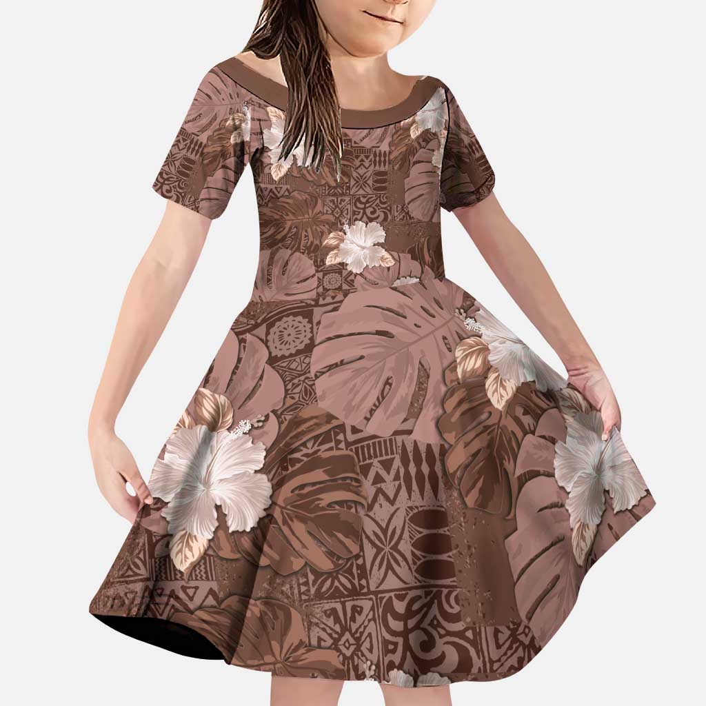 Hawaii Family Matching Puletasi and Hawaiian Shirt Brown Polynesian Monstera Patterns DT05 Daughter's Dress Brown - Polynesian Pride