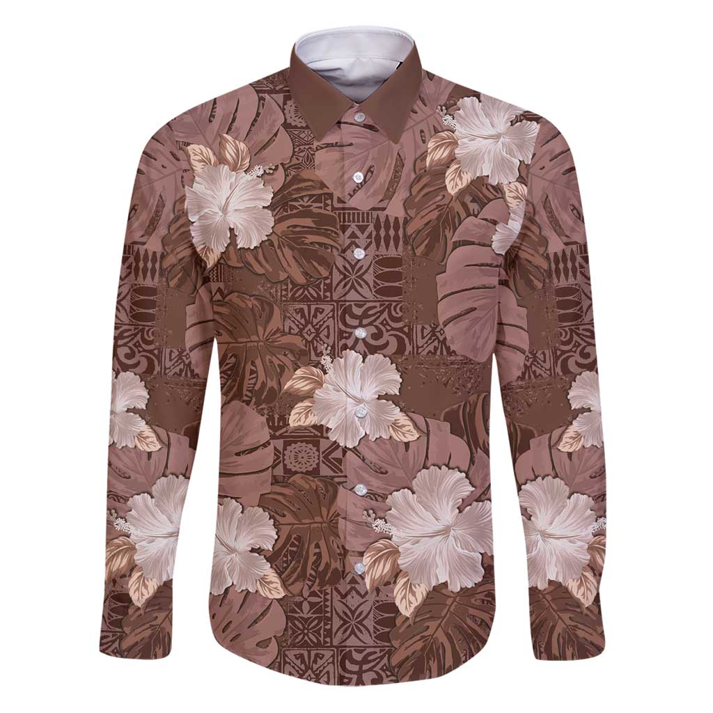 Hawaii Family Matching Puletasi and Hawaiian Shirt Brown Polynesian Monstera Patterns DT05 Dad's Shirt - Long Sleeve Brown - Polynesian Pride