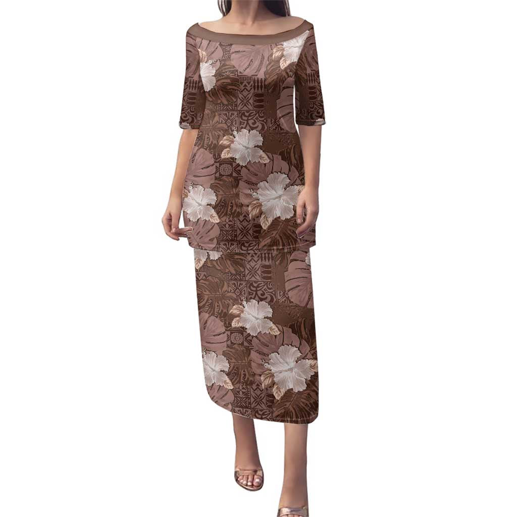 Hawaii Family Matching Puletasi and Hawaiian Shirt Brown Polynesian Monstera Patterns DT05 Mom's Dress Brown - Polynesian Pride