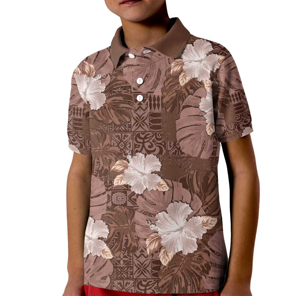 Hawaii Kid Polo Shirt Brown Polynesian Monstera Patterns - Polynesian Pride