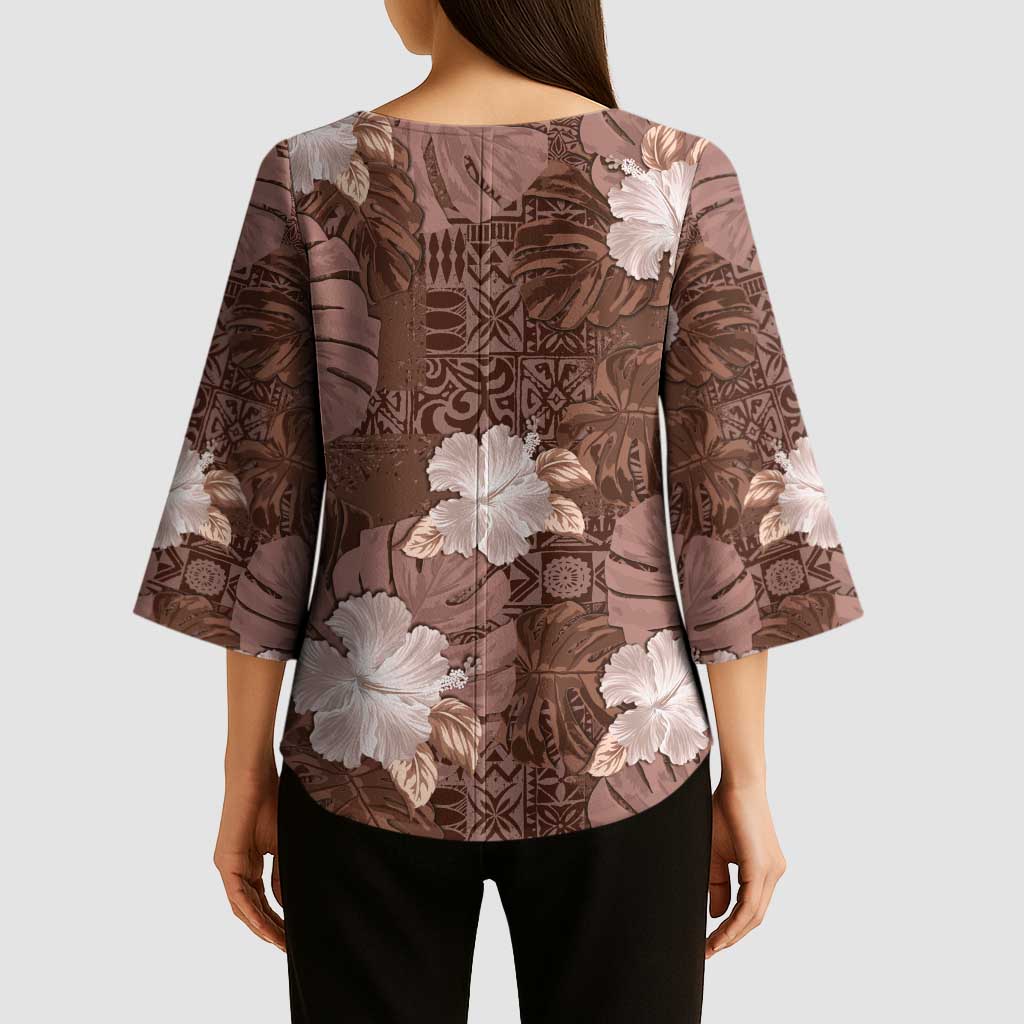 Hawaii Kimono Sleeve Blouse Brown Polynesian Monstera Patterns - Polynesian Pride