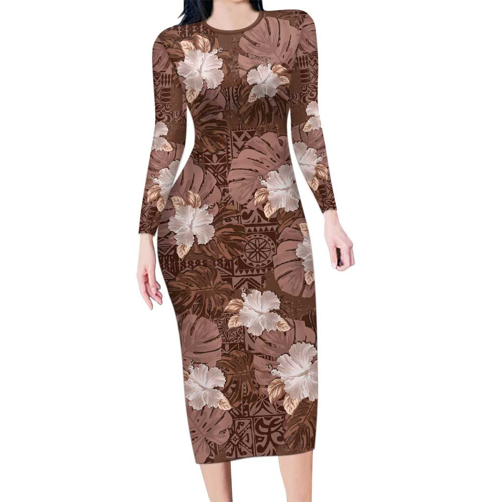 Hawaii Long Sleeve Bodycon Dress Brown Polynesian Monstera Patterns - Polynesian Pride
