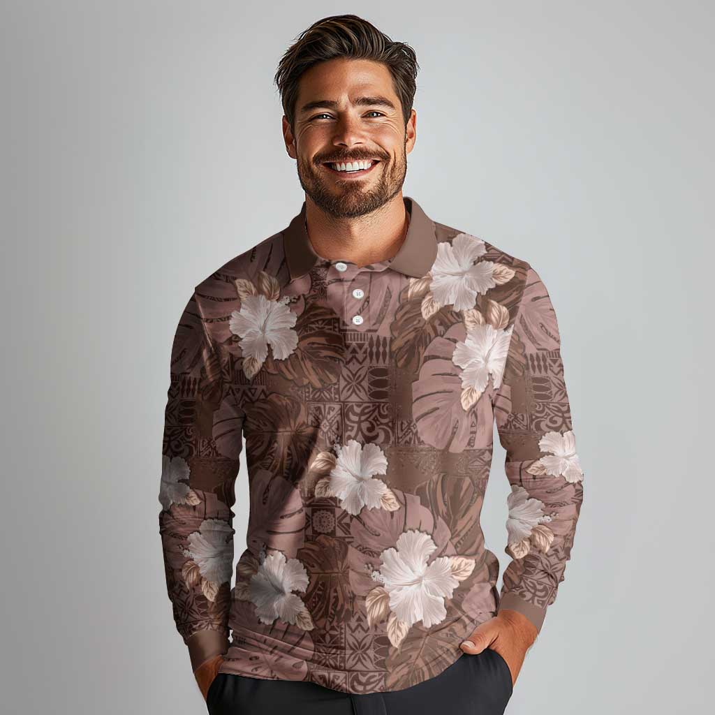 Hawaii Long Sleeve Polo Shirt Brown Polynesian Monstera Patterns DT05 - Polynesian Pride