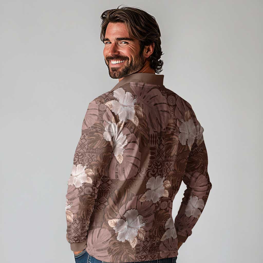 Hawaii Long Sleeve Polo Shirt Brown Polynesian Monstera Patterns DT05 - Polynesian Pride