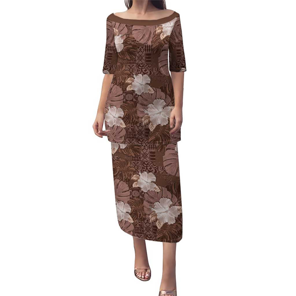 Hawaii Puletasi Brown Polynesian Monstera Patterns DT05 Long Dress Brown - Polynesian Pride
