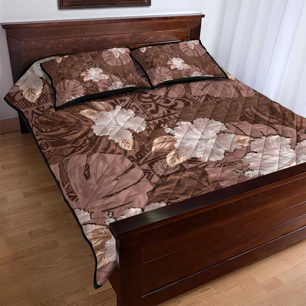 Hawaii Quilt Bed Set Brown Polynesian Monstera Patterns - Polynesian Pride